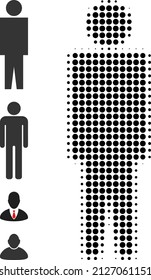 Pixelated halftone man person icon, and additional icons. Vector halftone collage of man person icon made from circle items.