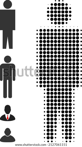 Pixelated halftone man person icon, and additional\
icons. Vector halftone collage of man person icon made from circle\
items.