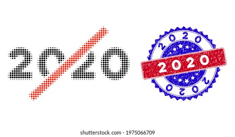 Pixelated halftone no 2020 year icon, and 2020 scratched stamp. 2020 stamp uses bicolor rosette template, red and blue colors. Vector concept of no 2020 year symbol done of round particles.