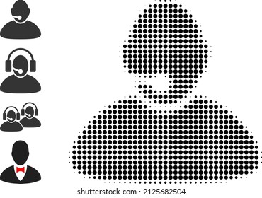 Pixelated halftone operator icon, and additional icons. Vector halftone pattern of operator icon formed of circle points.