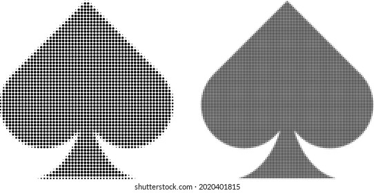 Pixelated halftone playing card spade suit icon. Vector halftone pattern of playing card spade suit icon combined of round items.