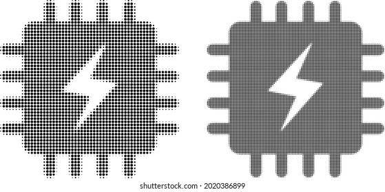 Pixelated halftone power chip icon. Vector halftone pattern of power chip icon organized of circle items.