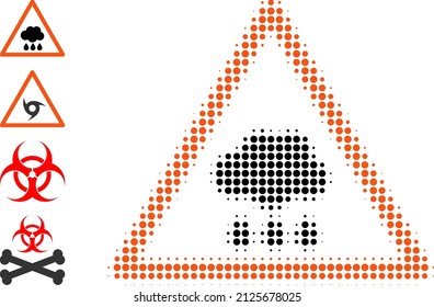 Pixelated halftone rain warning icon, and other icons. Vector halftone pattern of rain warning icon created of round points.