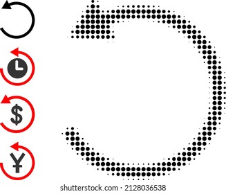 Pixelated halftone rotate left arrow icon, and bonus icons. Vector halftone pattern of rotate left arrow icon constructed of circle pixels.