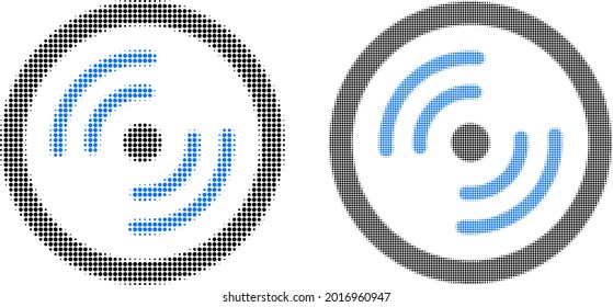 Pixelated halftone rotor rotation icon. Vector halftone mosaic of rotor rotation icon composed of round dots.