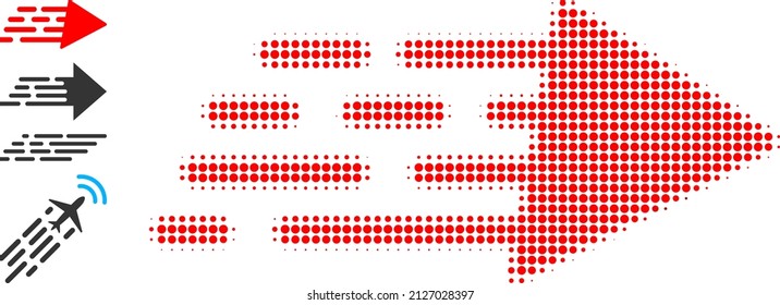 Icono de movimiento rápido de semitono y iconos adicionales. Patrón de semitono vectorial del icono de movimiento rápido compuesto de píxeles de círculo.