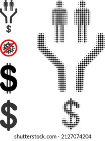 Pixelated halftone sales funnel icon, and other icons. Vector halftone collage of sales funnel icon created of round elements.
