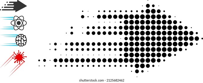 Pixelated halftone speed process icon, and additional icons. Vector halftone collage of speed process icon made of round items.