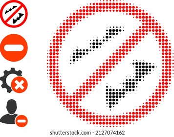 Pixelated Halftone Stopp Fledermäuse Symbol und Quellsymbole. Vektor-Halftone Muster der Stopp-Fledermäuse Symbol aus runden Elementen.