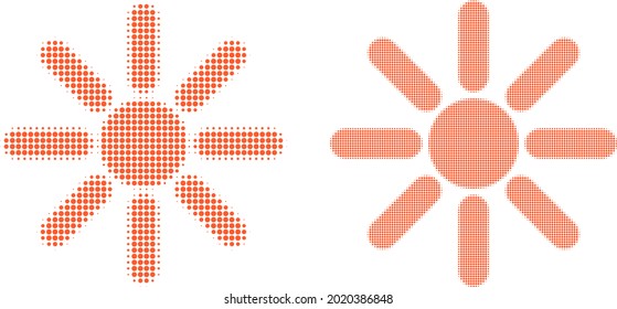 Pixelated halftone sun rays icon. Vector halftone concept of sun rays pictogram created of round items.