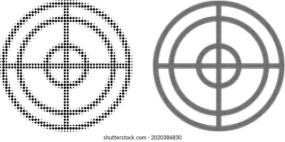 Pixelated halftone target icon. Vector halftone composition of target icon made of circle points.