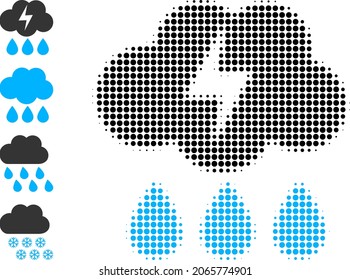 Icono de tormenta de media tonalidad y iconos de bonificación. Mosaico vectorial de medio tono del símbolo de tormenta de torbellino creado de píxeles esféricos.