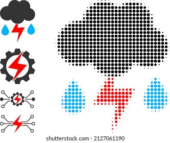 Pixelated halftone thunderstorm rain icon, and bonus icons. Vector halftone pattern of thunderstorm rain icon combined of spheric items.