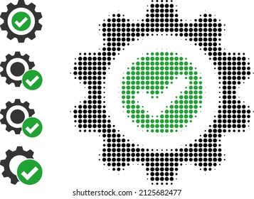 Pixelated halftone true gear icon, and original icons. Vector halftone concept of true gear icon composed of round pixels.