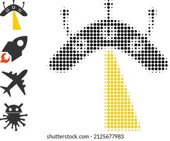 Icono de OVNI de medio tono y iconos de bonificación. Patrón de semitono vectorial del icono de OVNI formado por puntos redondos.