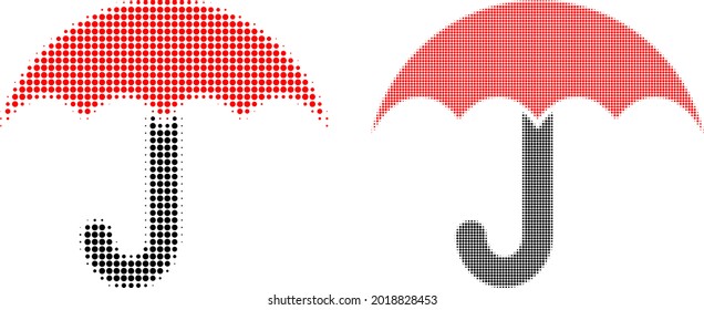 Pixelated halftone umbrella icon. Vector halftone composition of umbrella icon formed of spheric elements.