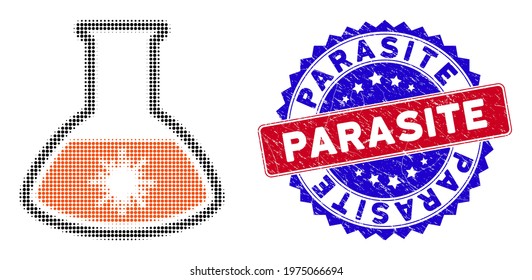 Pixelated halftone virus analysis retort icon, and Parasite rubber stamp seal. Parasite stamp seal uses bicolor rosette shape, red and blue colors.