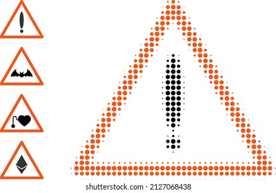 Pixelated halftone warning icon, and additional icons. Vector halftone concept of warning icon combined of spheric elements.