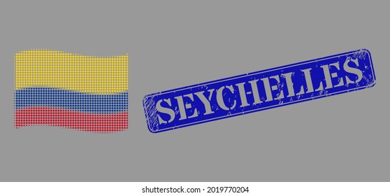 Pixelated halftone waving Colombia flag icon, and Seychelles grunge rectangle seal print. Vector halftone mosaic of waving Colombia flag symbol designed of circle elements.