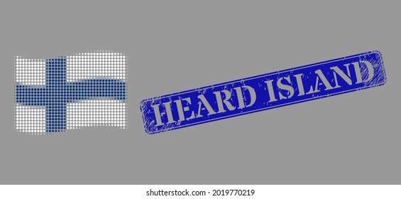 Pixelated halftone waving Finland flag icon, and Heard Island grunge rectangle seal. Vector halftone pattern of waving Finland flag pictogram composed of spheric elements.