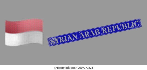 Icono de la bandera de Indonesia con medio tono de pixelado, e imitación de sello rectangular de goma de la República Árabe Siria. Collage vectorial de mitad tono de la bandera de Indonesia ondeando el pictograma hecho de elementos esféricos.