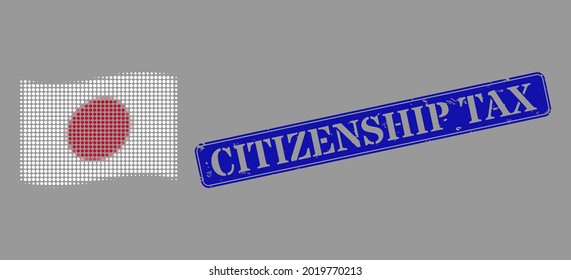 El semitono de tono de Pixelado ondea el ícono de la bandera de Japón, y el sello rectangular sucio del impuesto a la ciudadanía. Collage vectorial de mitad tono del ventoso icono de la bandera japonesa combinado de elementos de círculo.