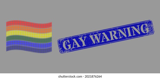 Pixelated halftone waving LGBT flag icon, and Gay Warning grunge rectangular seal imitation. Vector halftone collage of waving LGBT flag pictogram done with round points.