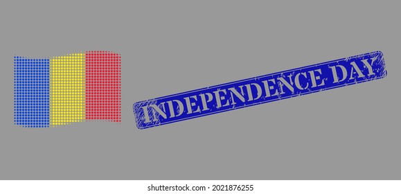 Pixelated halftone waving Romania flag icon, and Independence Day scratched rectangular stamp. Vector halftone concept of waving Romania flag symbol organized of circle dots.