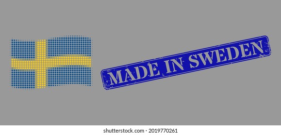 Pixelated halftone waving Sweden flag icon, and Made in Sweden unclean rectangular seal imitation. Vector halftone composition of waving Sweden flag pictogram organized of spheric pixels.