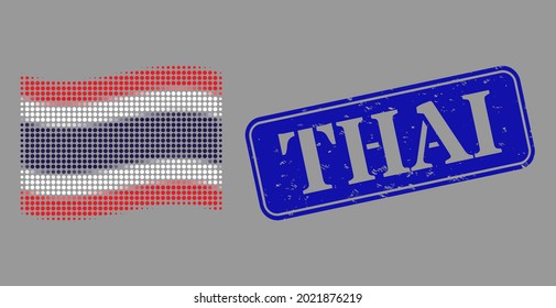 Pixelated halftone waving Thailand flag icon, and Thai scratched rectangle stamp seal. Vector halftone concept of waving Thailand flag icon created of round pixels.