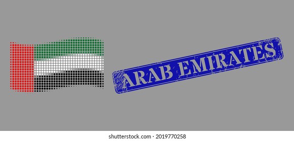 Pixelated halftone waving United Arab Emirates flag icon, and Arab Emirates dirty rectangle seal print. Vector halftone concept of waving United Arab Emirates flag icon organized of circle items.