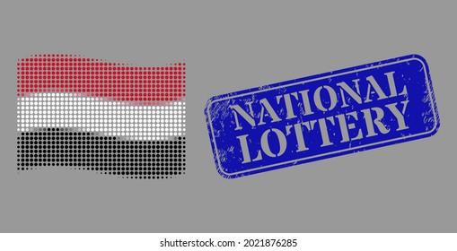 Pixelated halftone waving Yemen flag icon, and National Lottery dirty rectangle seal print. Vector halftone concept of waving Yemen flag icon made of round points.