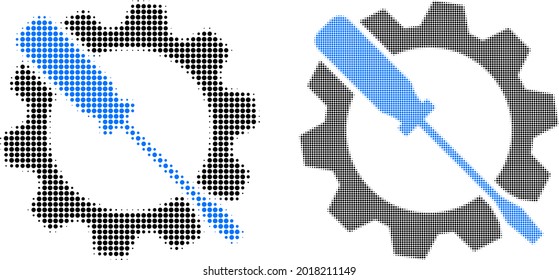 Icono de sintonización de la llave de medio tono pixelada. Mosaico vectorial de medio tono del icono de ajuste de la llave inglesa diseñado de elementos de círculo.