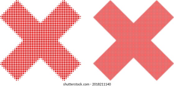 Pixelated halftone x-cross icon. Vector halftone collage of x-cross icon formed of round points.