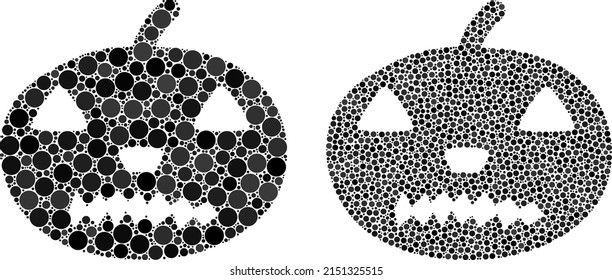 Pixelated halloween pumpkin icon. Mosaic halloween pumpkin icon designed from circle items in variable sizes and color tinges.
