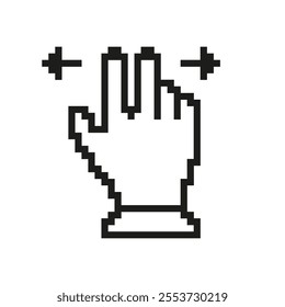 Pixelated Hand Cursor Icon with Arrows to Left and Right, Zoom Symbol. Pointer Symbol in Pixel Art Style. Isolated Vector Illustration.