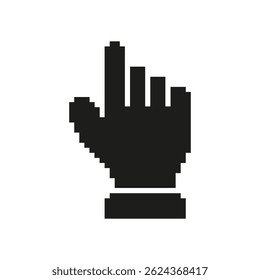 Pixelated Hand Cursor Icon. Digital Navigation And User Interface Interaction Symbol. Retro Style Pointer For Web Design And Online Browsing. Isolated Vector Illustration.