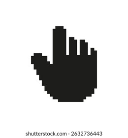 Pixelated Hand Cursor Icon. Digital Navigation And User Interface Interaction Symbol. Retro Computer Pointer Design. Isolated Vector Illustration.