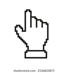 Symbol für verpixelte Handcursor. Zeigefinger-Form im Pixel Art Style. Interaktives Zeigersymbol für die digitale Navigation. Isolierte Vektorgrafik.