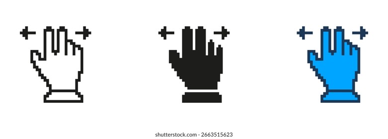 Pixelated Hand Cursor Icon Set with Arrows to Left and Right, Zoom Symbol. Pointer Symbol in Pixel Art Style. Isolated Vector Illustration.
