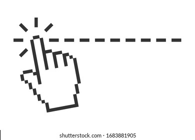 Pixelated hand cursor moving along a dotted line, Click and drag, Swipe finger prompt