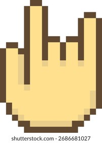A pixelated hand with an extended index finger in retro style. The image depicts a digital cursor hand in a blocky, vintage appearance. Cartoon vector illustration
