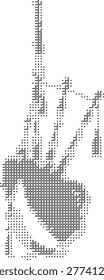 A pixelated hand gesture in monochrome retro halftone dotted dither style featuring a minimalist vintage abstract aesthetic perfect for graphic symbols icons and vector designs with a digital retrostyle appeal