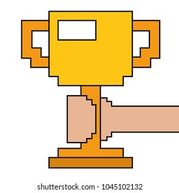 pixelated hand holding trophy cup game