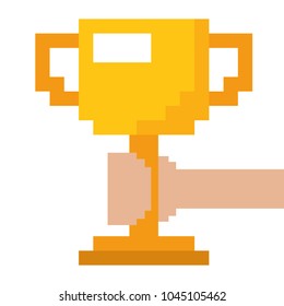 pixelated hand holding trophy cup game