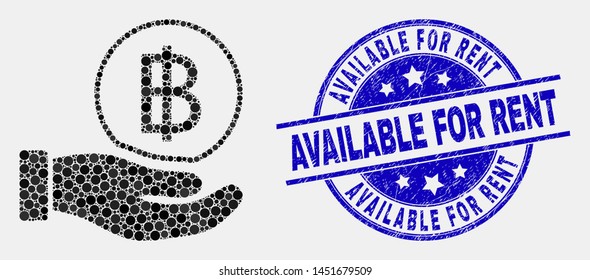 Pixelated hand offer bitcoin mosaic pictogram and Available for Rent seal stamp. Blue vector rounded textured stamp with Available for Rent message. Vector composition in flat style.