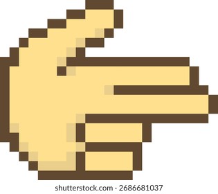 A pixelated hand pointing to the right in a retro digital style. The image depicts a rightward gesture with blocky, pixel art design. Cartoon vector illustration.