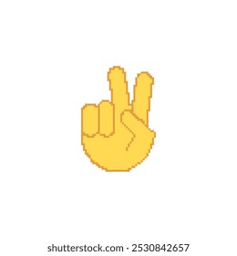 Pixelated hand showing a peace sign emoji. Retro pixel art of a hand gesture with a simple design.