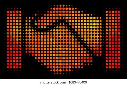 Pixelated handshake icon. Bright pictogram in fire orange color shades on a black background. Vector halftone mosaic of handshake icon constructed of circle pixels.