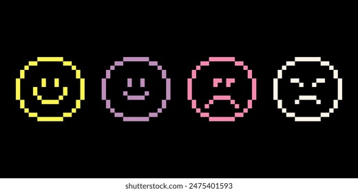 Cara pixelada, feliz, neutral, triste y enojada. Emoticono minimalista de pixel art. Iconos de sonrisa. Colores de neón. Píxeles Y2k pegatinas de emojis juguetones de moda. Ilustración vectorial de estilo retro de 8 bits para redes sociales